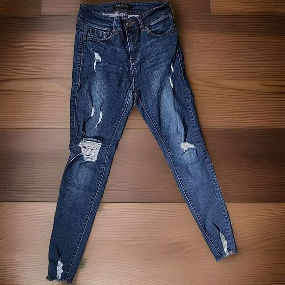 Enjean Denim - Enjean Raw Hem Crop Distress Jeans Womens Size 3 Jr Stretch Dark Wash Skinny